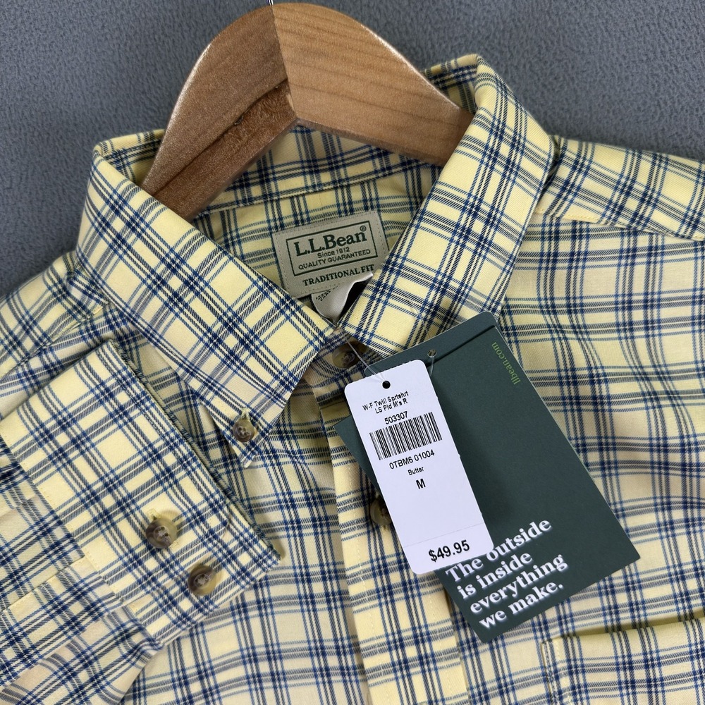 LL Bean Shirt Mens Medium Yellow Blue Plaid Winkle Free Twill Sport  Outdoor New